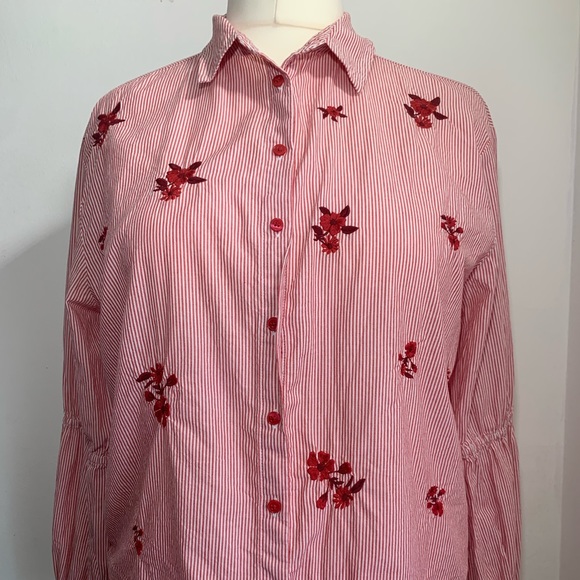 Primark Western Stripe Shirt Red & White Long Sleeve Button-Down Embroidery UK14 - Picture 3 of 13